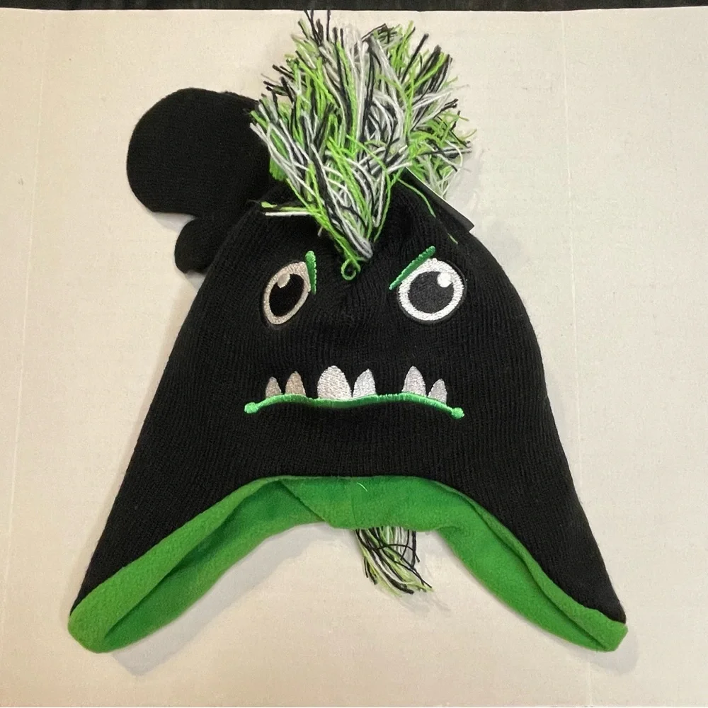 Monster Winter Hat Mittens Beanie Black Toddler One Size Face Eyes Teeth Mohawk